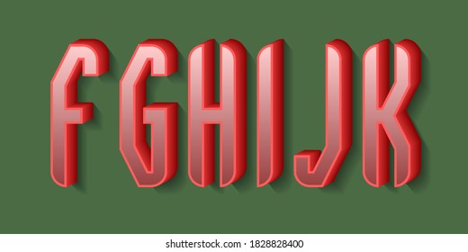F, G, H, I, J, K elegantes letras rojas 3d con sombra. Tipo de letra de visualización volumétrica.