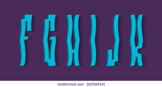F, G, H, I, J, K crooked blue 3d letters with shadow. Volumetric display font.
