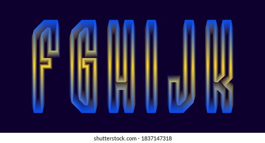 F, G, H, I, J, K letras 3d azul luminoso amarillo claro. Tipo de letra para mostrar brillante.