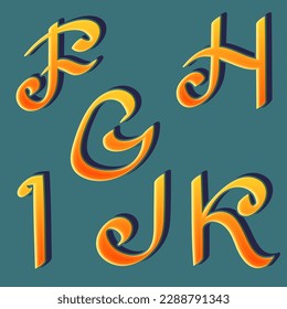 F, G, H, I, J, K calligraphic yellow orange letters. Cartoon artistic font.