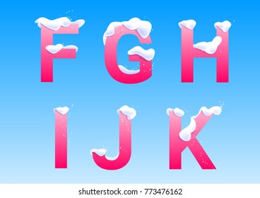 F, G, H, I, J, K winter letters with snow caps on blue background