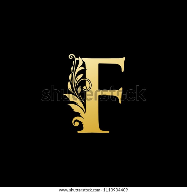 豪華な花柄のfの金色の文字のロゴ 本のデザイン ブランド名 名刺 レストラン ブティック ホテルのビンテージ描きのエンブレム ベクターイラスト のベクター画像素材 ロイヤリティフリー