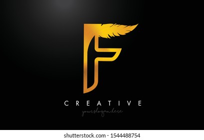 F Golden Gold Feather Letter Logo Icon Design With Feather Feather Creative Look Vector Illustration in Golden Metal Colors.