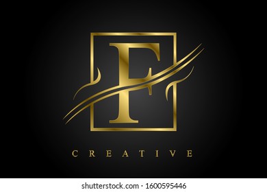 F Golden Letter Logo  Vector Illustration with Gold Metal Texture. Creative Metallic cuted Letter for Company Name, Label, Icon, Cover, Emblem, Print, Textile, Card, casino, brochure or Web Page.