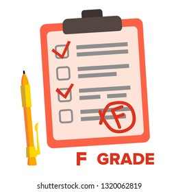 F Grade Vector. Fail Exam Mark Isolated Flat Cartoon Illustration