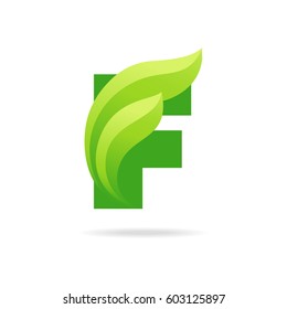 F icon with green leaves. Vector eco design.