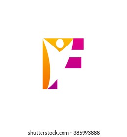 F initial alphabet letter logo with negative space swoosh man, orange purple