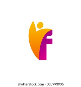 F initial alphabet letter logo with swoosh man, orange purple