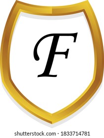 F alfabeto inicial plantilla de logotipo de marco metálico de escudo dorado metálico