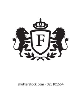 F initial business, clean luxury crest logo with lions