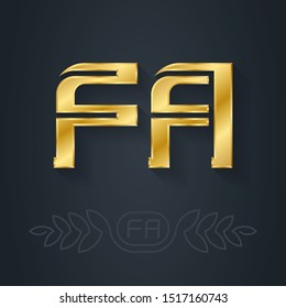 F and A initial golden logo. FA - Metallic 3d icon or logotype template. Design element with lineart option. Gold.
