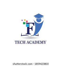 F Initial letter for Education/Academy Technology with Toga hat cap and children