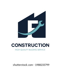 F Initial Letter for Flat Minimalist Modern Construction Logo Design. Simple renovation business logo with wrench equipment tool. Building repair and maintenance brand