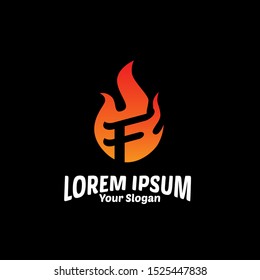 F initial logo letter with fire illustration