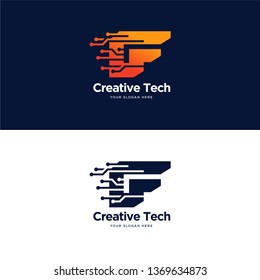 F initial tech logo designs vector with modern circuit