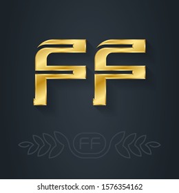 F and F - initials or golden logo. FF - Metallic 3d icon or logotype template. Design element with lineart option. Gold. Precious metal.
