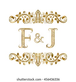 F and J vintage initials logo symbol. The letters are surrounded by ornamental elements. Wedding or business partners monogram in royal style.