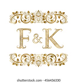 F and K vintage initials logo symbol. The letters are surrounded by ornamental elements. Wedding or business partners monogram in royal style.