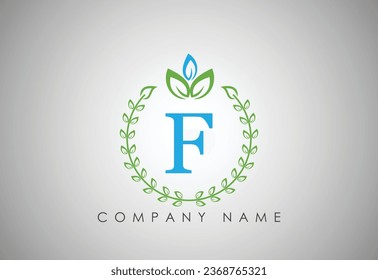 F Lámina posterior .logotipo abstracto de la empresa de hoja verde. Plantilla de símbolos naturales de plantas de jardín. Colección de signos empresariales. Ilustración vectorial.