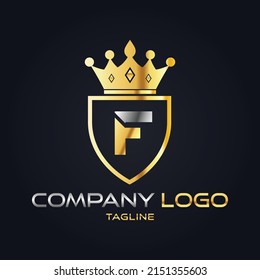 F Letter 3d Luxury Golden Crown Shield Logo Icon