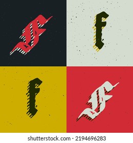 F letter blackletter style logo set with grunge texture. Stylish horror gothic icon font. Perfect for retro style identity, music album covers, movie posters, luxury packaging, medieval design.