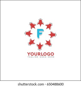 F letter brand identity. Vector graphic elegant sliced alphabet symbol with star element on circle in silver and red color.
