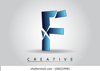 F letter with broken glass effect. Blue shattered letter with falling pieces vector illustration for logo, monogram, label, cover, emblem, company name, glass business, firm sign or web page design.