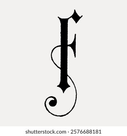 F letter church text font, illustration isolated on white, vector. Vintage font vector.