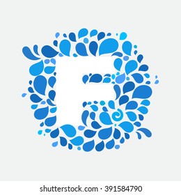 F letter in a circle of splashes and drops of water. Font style, vector design template elements for your ecology application or corporate identity.