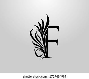 F Letter Classic Heraldic Logo. Graceful Floral Alphabet Mark für Buchdesign, Briefmarke, Unkrautkarte, Markenname, Visitenkarte, Restaurant, Boutique, Hotel. 