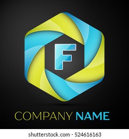 F Letter colorful logo in the hexagonal on black background. Vector template for your design
