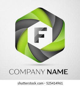 F Letter colorful logo in the hexagonal on grey background. Vector template for your design