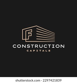 F Letter Construction 3D Perspective Gold Outline Logo Vector Icon Illustration