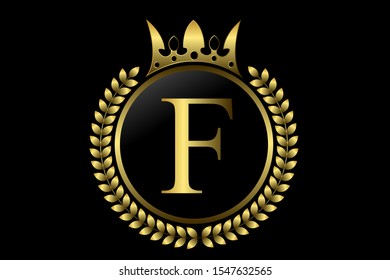 F letter and crown monogram logo. Luxury laurel with golden wreath. Elegant vector for emblem, logo, card, badge, antique, restaurant, cafe, boutique, hotel, heraldic, jewelry, product or company name