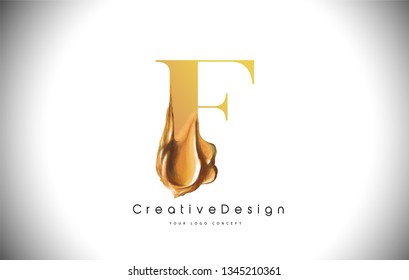 F Letter Design Brush Paint Stroke. Gold f Letter Logo Icon with Golden Paintbrush Vector Illustration