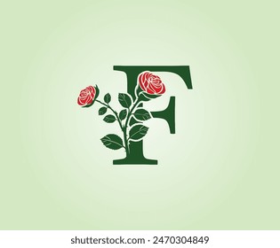F Letter design with red rose flower and leaves on a green background. Initial Letter F Vector Illustration combined with Botanical elements.