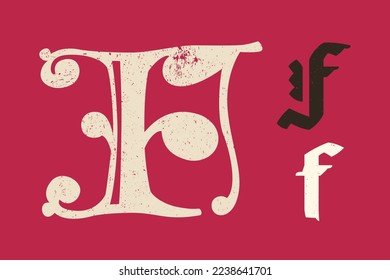 F letter drop cap logo. Illuminated initial and blackletter uppercase and lowercase. All you need to precisely imitate medieval text. Decorative element for the beginning of a paragraph or section.