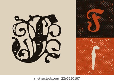 F letter drop cap logo. Illuminated initial and blackletter uppercase and lowercase. All you need to precisely imitate medieval text. Decorative element for the beginning of a paragraph or section.