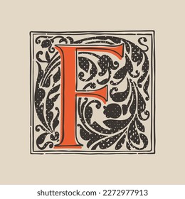 F letter drop cap logo in medieval engraving style. Blackletter square initial. Illuminated dark-age emblem with lush foliage and tulips. Perfect for vintage identity, gothic posters, luxury packaging