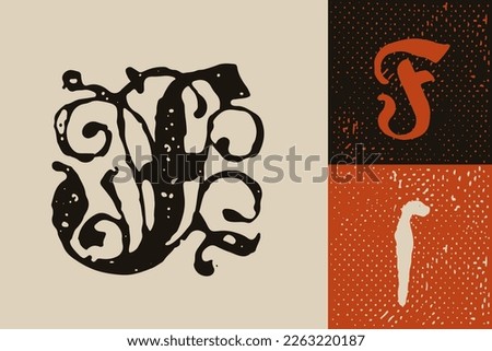 F letter drop cap logo. Illuminated initial and blackletter uppercase and lowercase. All you need to precisely imitate medieval text. Decorative element for the beginning of a paragraph or section.