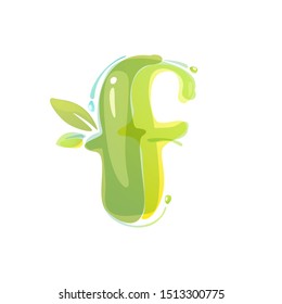 F letter eco logo formed by watercolor splashes. Green overlay style. Vector typeface for labels, headlines, posters, cards etc.