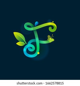 F letter eco logo with green curved lines, leaves and dew drops. Vector handwritten script font for nature labels, bio company, spring posters etc.