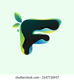 F letter eco logo with green leaves in hologram glitch style. Environment friendly icon with color shift and illusion effect. Vector element for waste recycling identity, natural theme presentation.