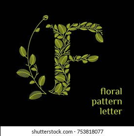F letter eco logo isolated on black background. Organic bio logo from green grass leaves, plants for corporate identity of the company or brand on the letter F.