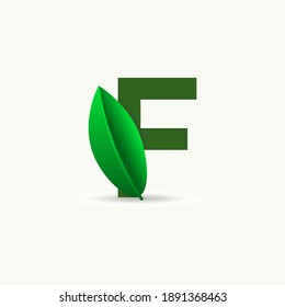 F letra eco logo con hoja. Fuente vectorial para afiches naturales, emblema ecológico, identidad vegana, tarjetas de hierbas y botánicas, etc.