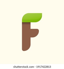 F letter eco logo with leaf. Vector font for bio posters, spa emblem, vegan, herbal and botanical cards etc.