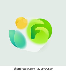 F letter eco logo in round splash with green leaf and sun. Realistic glassmorphism style translucent icon. Environment friendly negative space emblem for agriculture advertising, and healthy food.