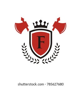 F Letter elegant heraldic shield with crown alphabet