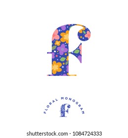 F letter. F floral monogram. Floral studio emblem. Beautiful blue letter with flowers. Typography. Lettering design.