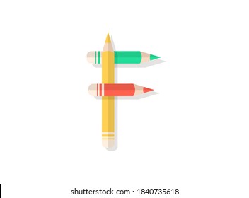 F letter font made of multicolored pencils. Vector design element for logo, banner, posters, card, labels etc. 